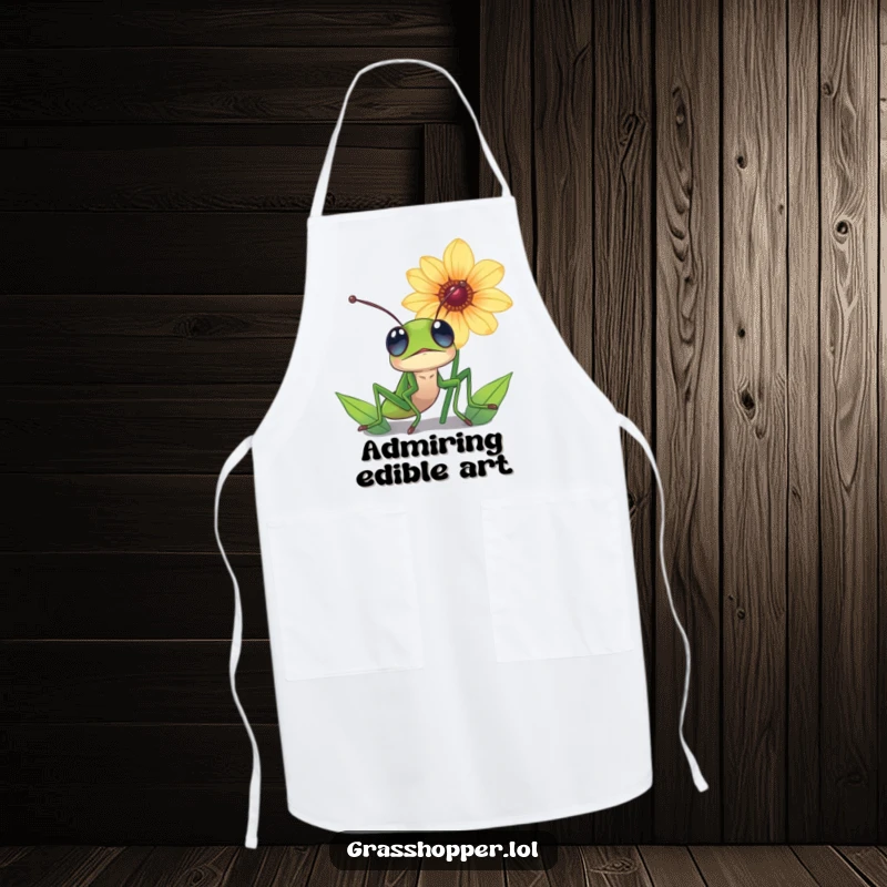 Funny grasshopper apron, eyes wide with wonder, looking up at a magnificent flower while in the kitchen.