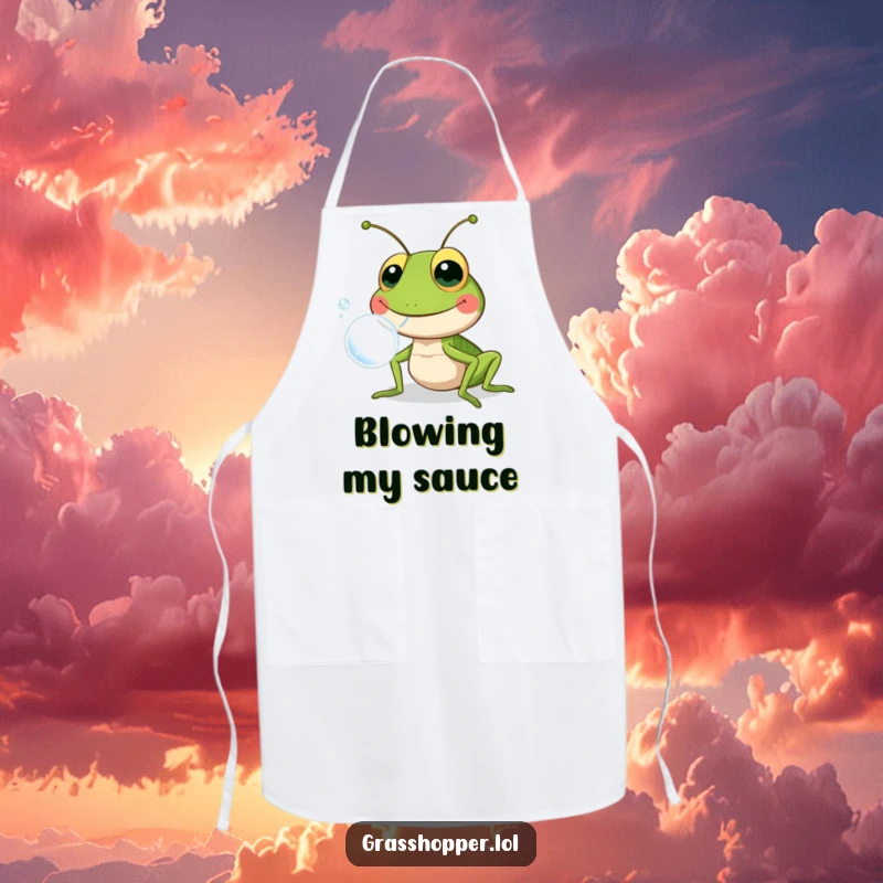 Funny grasshopper joyfully blowing a bubble, featured on a kitchen apron, designed to add humor to cooking and baking.