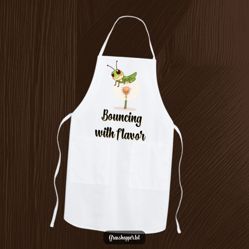 Funny grasshopper apron featuring a playful insect bouncing on a dandelion puff, ideal for kitchen use with humor.