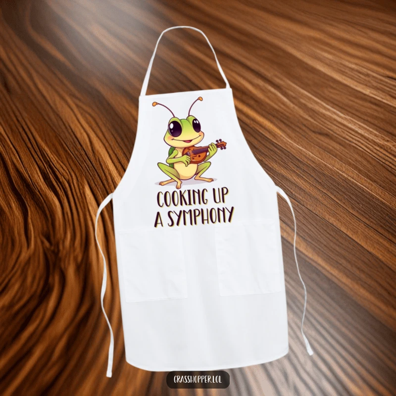 Funny kitchen apron with a grasshopper with a cheerful grin playing a tiny violin, ideal for cooking and funny gift lovers.