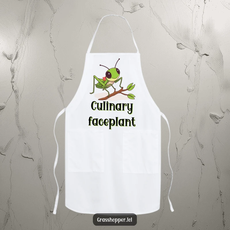 Funny Grasshopper Apron designed with a grasshopper humorously tripping over a twig, great for cooking.