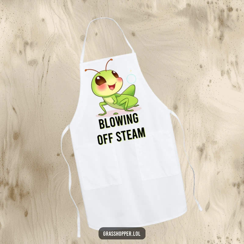 Funny grasshopper apron featuring a charming, giggling insect blowing a tiny bubble, ideal for humorous and practical kitchen use.