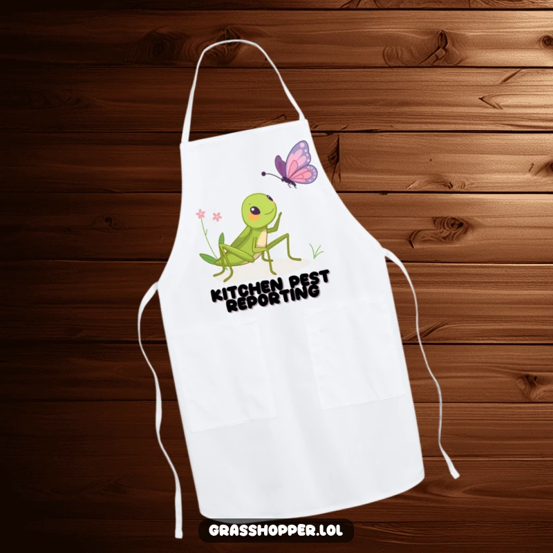 Funny apron with a grasshopper playfully bopping a butterfly, adding a humorous and practical touch to kitchen activities.