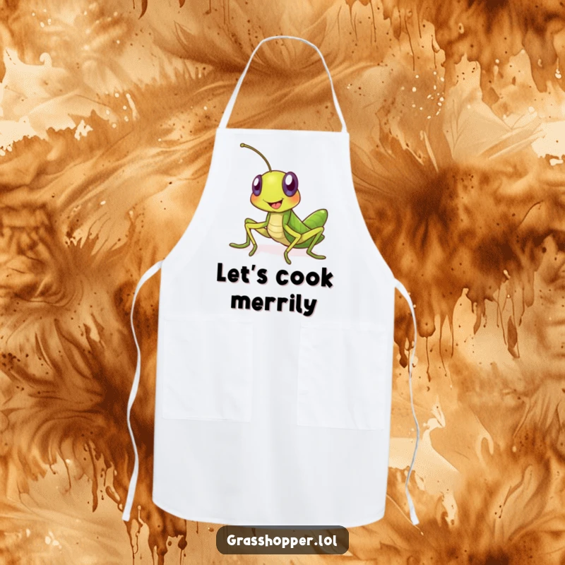 Funny grasshopper apron showing a happy insect chef inviting everyone to enjoy the meal. A humorous kitchen accessory for funny gift recipients.