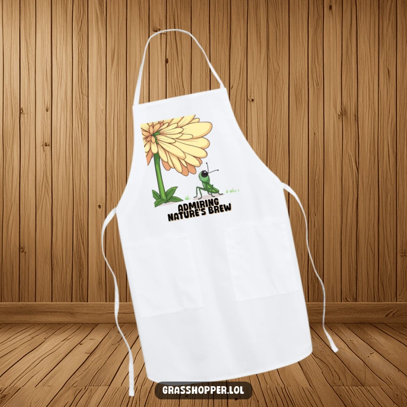Funny grasshopper apron showing a happy insect admiring a giant flower, ideal for kitchen or gardening enthusiasts who love humor.