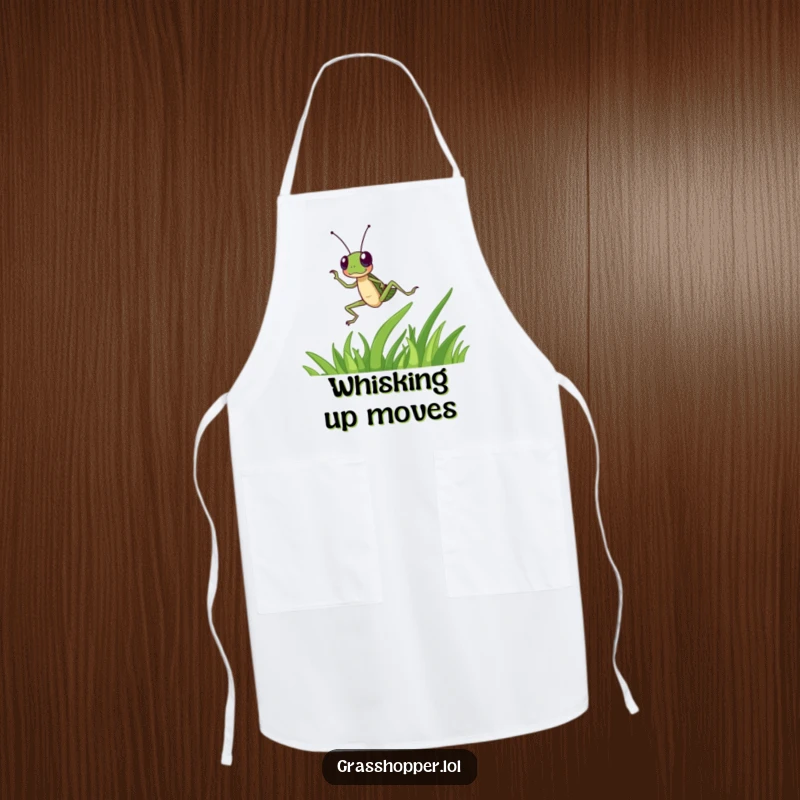 Funny grasshopper character dances energetically on a blade of grass on this apron, a lively funny gift.