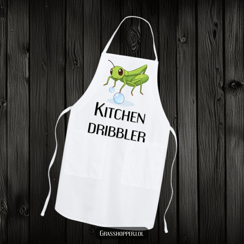 Funny Grasshopper Dewdrop Apron: A cute insect gleefully bouncing a dewdrop, perfect for funny kitchen adventures.