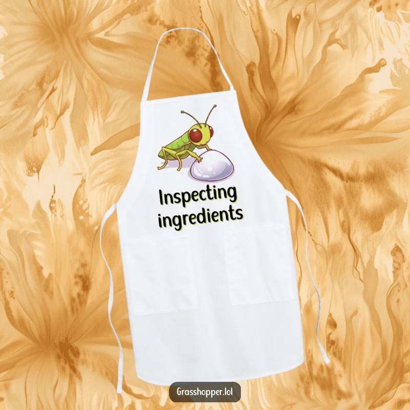 Funny Grasshopper Apron featuring a curious insect inspecting a pebble, perfect for kitchen protection and adding humor.