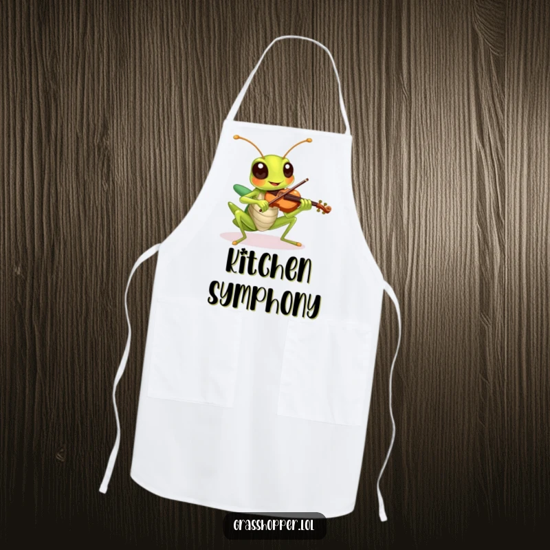 Funny grasshopper wearing an apron plays a tiny violin with a cheerful expression, a musical kitchen accessory.