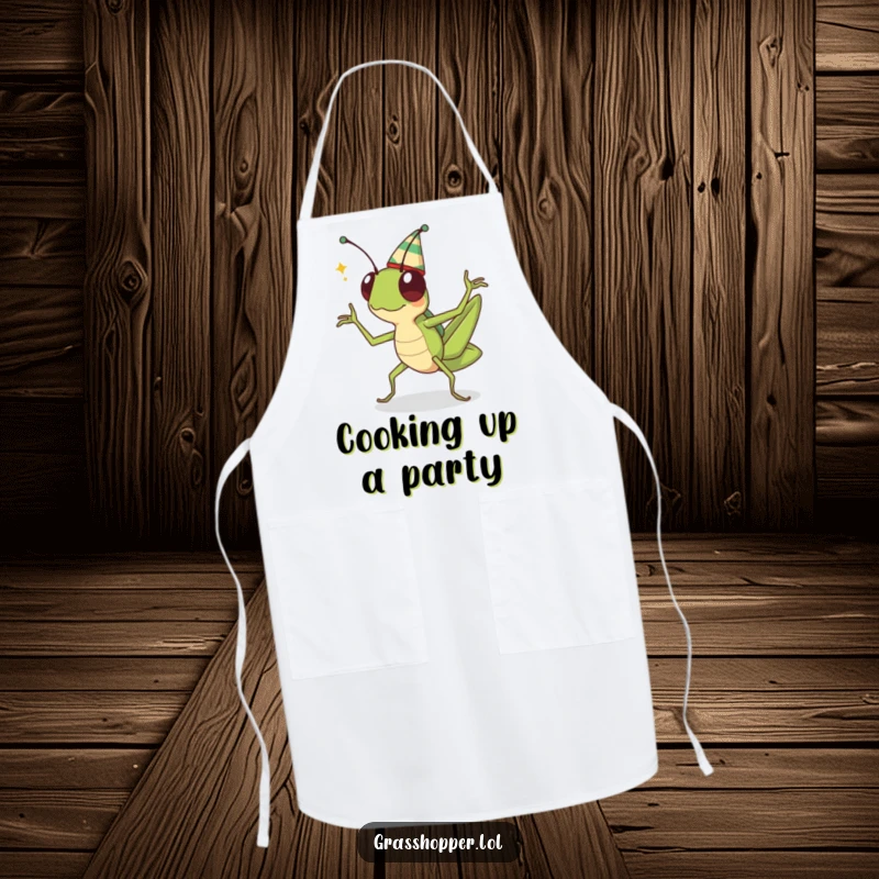 Funny kawaii grasshopper wearing a hat and an apron, doing a celebratory dance, ready to help in the kitchen.