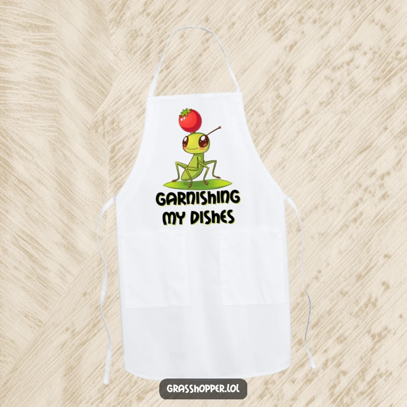 Funny Grasshopper Apron designed with a grasshopper balancing a red berry on its head, great for cooking.