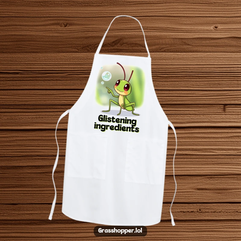 Funny grasshopper apron, pointing excitedly at a dewdrop, ideal for kitchen use, a funny gift.