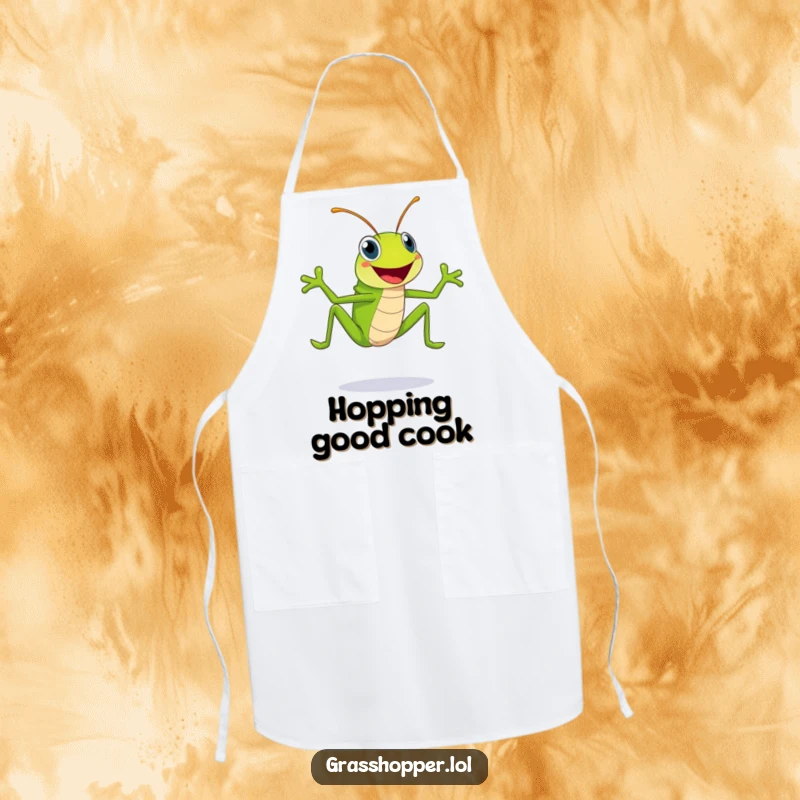 Funny bright green grasshopper with a huge smile is depicted mid-leap, perfect for a joyful time in the kitchen on this apron.