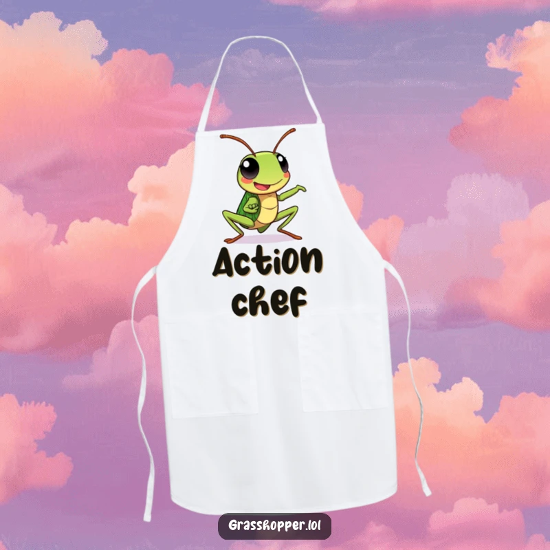 Kawaii grasshopper apron featuring a happy grasshopper in a dynamic pose, perfect for kitchen action.