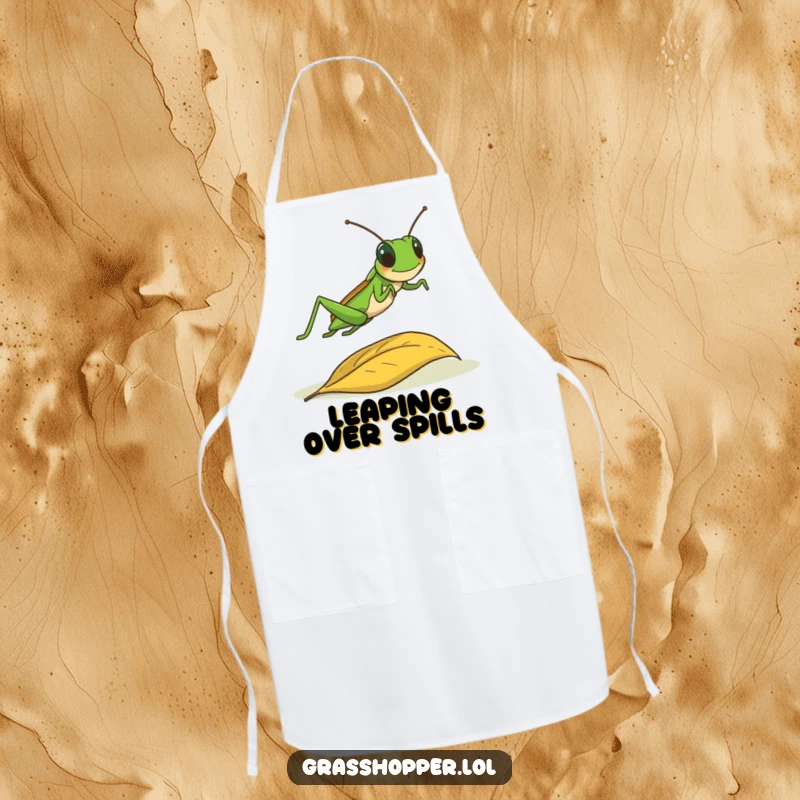 Funny grasshopper leaping over a fallen leaf on a kitchen apron, perfect for outdoor-inspired cooking gift.