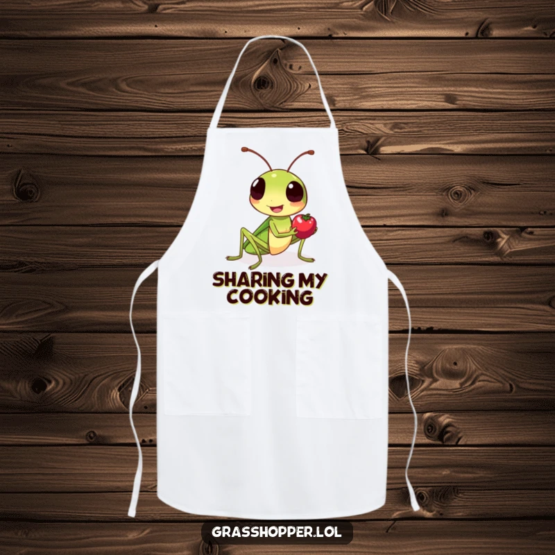 Funny grasshopper apron, smiling warmly, offering a tiny berry, perfect for a kind cook.
