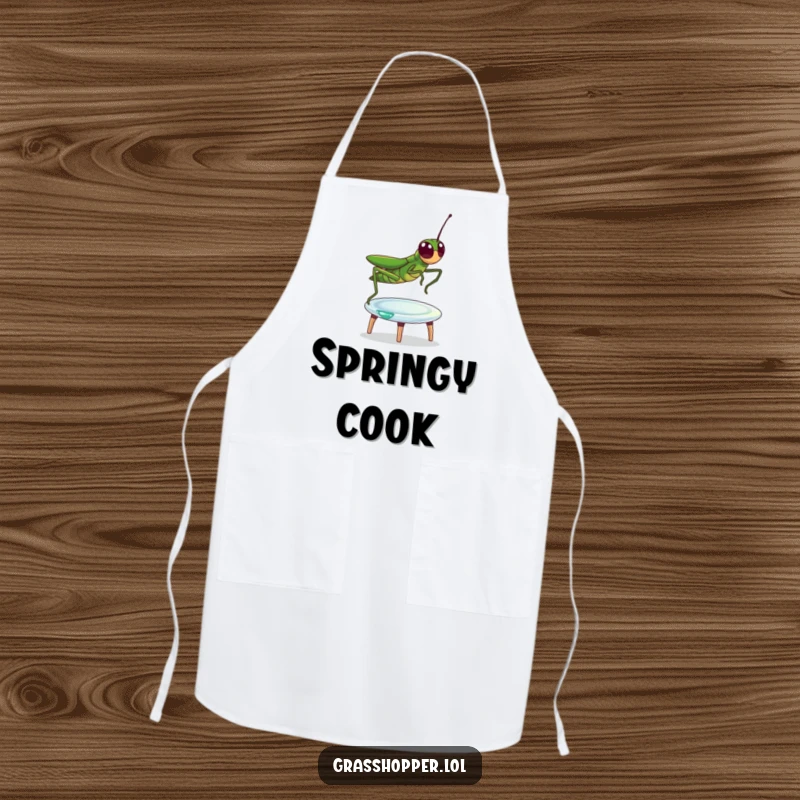 Funny Apron featuring a grasshopper gleefully bouncing on a dewdrop trampoline, adding a playful touch to cooking.
