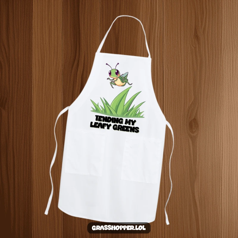 Funny Grasshopper Apron showing a happy grasshopper in a high leap over a blade of grass, perfect for cheerful cooking.