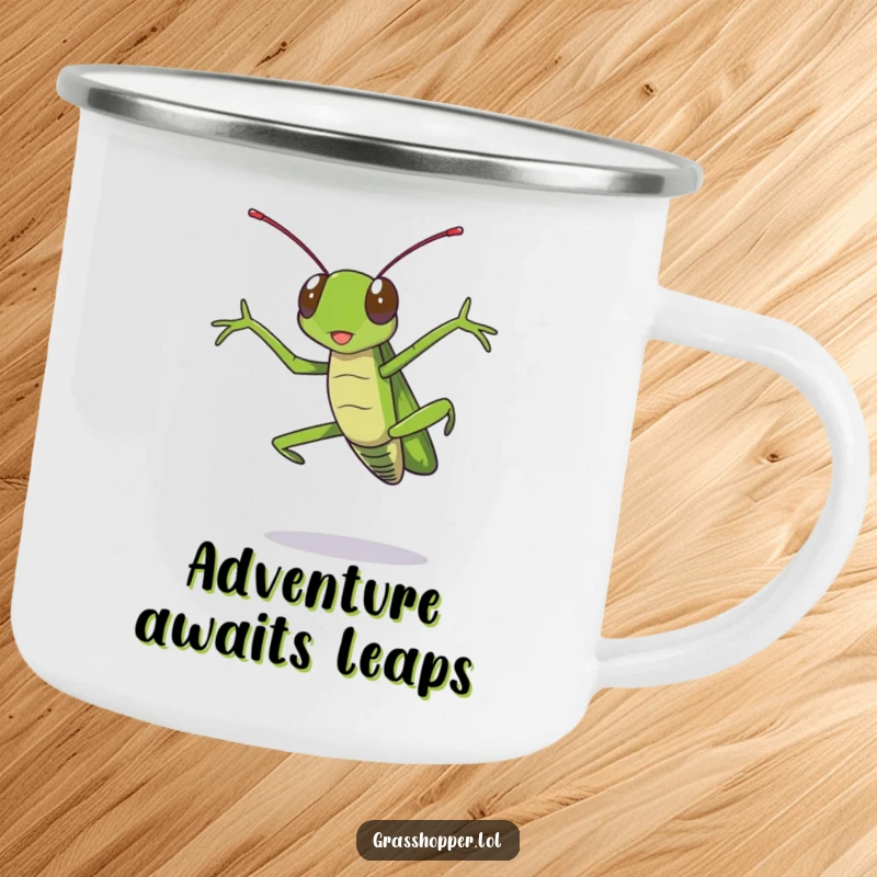 Funny grasshopper camping mug showing a grasshopper in a dramatic, outstretched leg jump, ready for outdoor adventures.