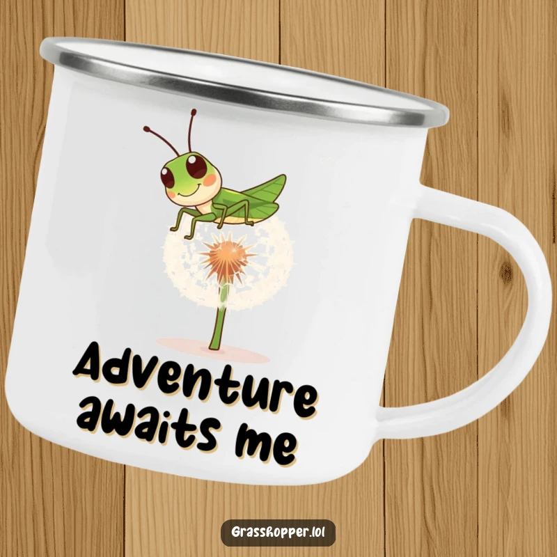 Funny grasshopper camping mug showing a playful insect bouncing on a dandelion puff, ideal for outdoor fun.