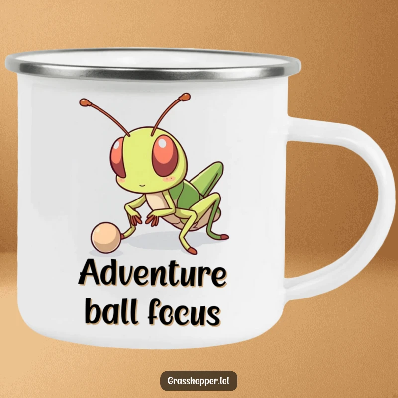 Funny kawaii grasshopper wearing a determined look, bouncing a ball, holding a camping mug, ready for outdoor play.