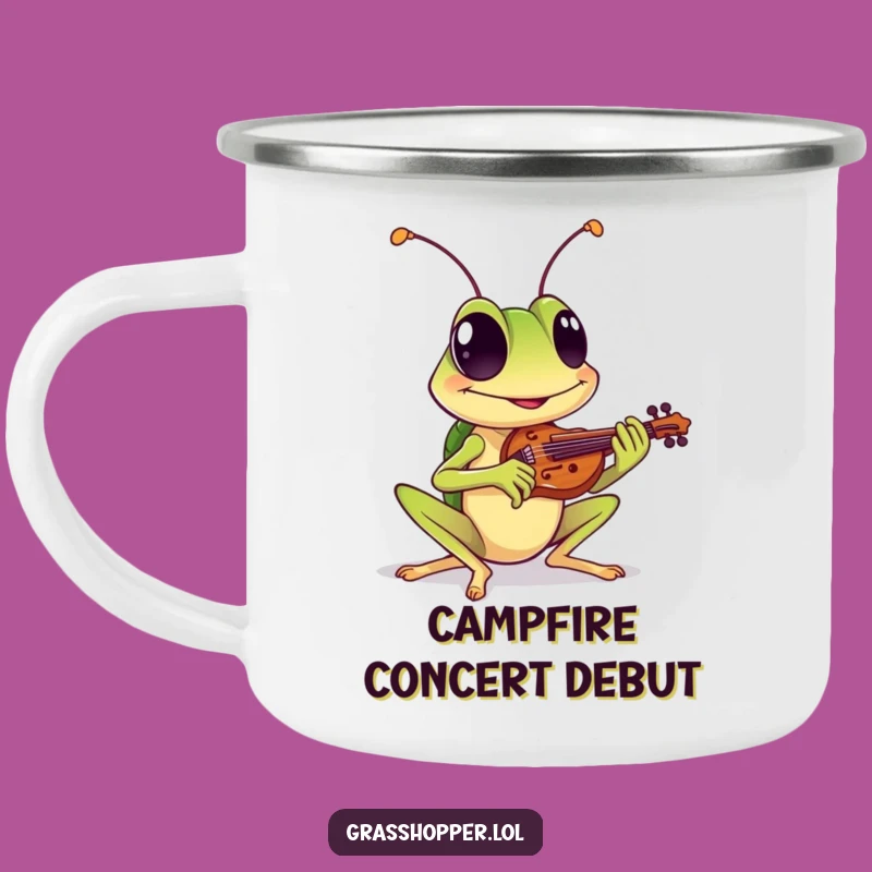 Funny Grasshopper Enamel Camping Mug: Grinning Musician, Outdoor Humor Cup