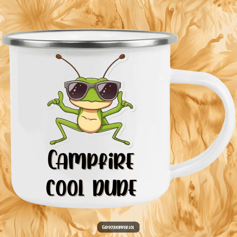Funny enamel camping mug featuring a grasshopper wearing sunglasses and striking a cool pose, great for outdoor fun and funny gifts.