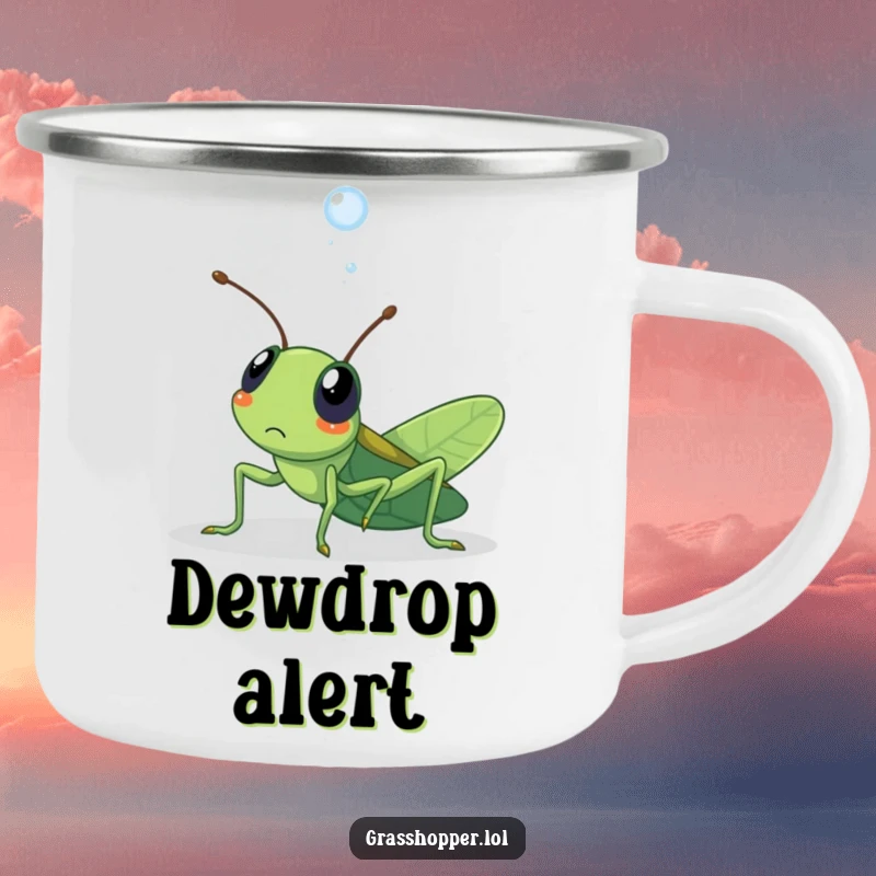 Funny kawaii grasshopper camping mug with a grasshopper surprised by a dewdrop, perfect for outdoor humor.