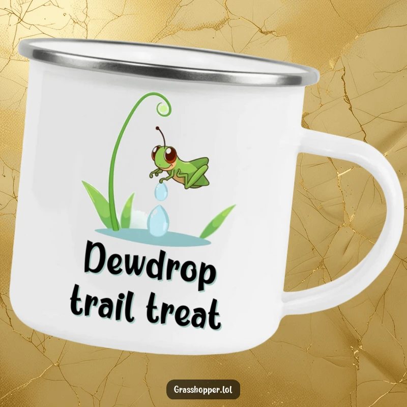Funny grasshopper sliding down a dewdrop, designed for a rugged camping mug, bringing humor to outdoor adventures.