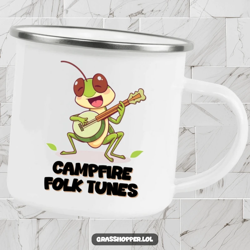 Funny grasshopper character excitedly playing a tiny leaf banjo on this camping mug, a fun funny gift.
