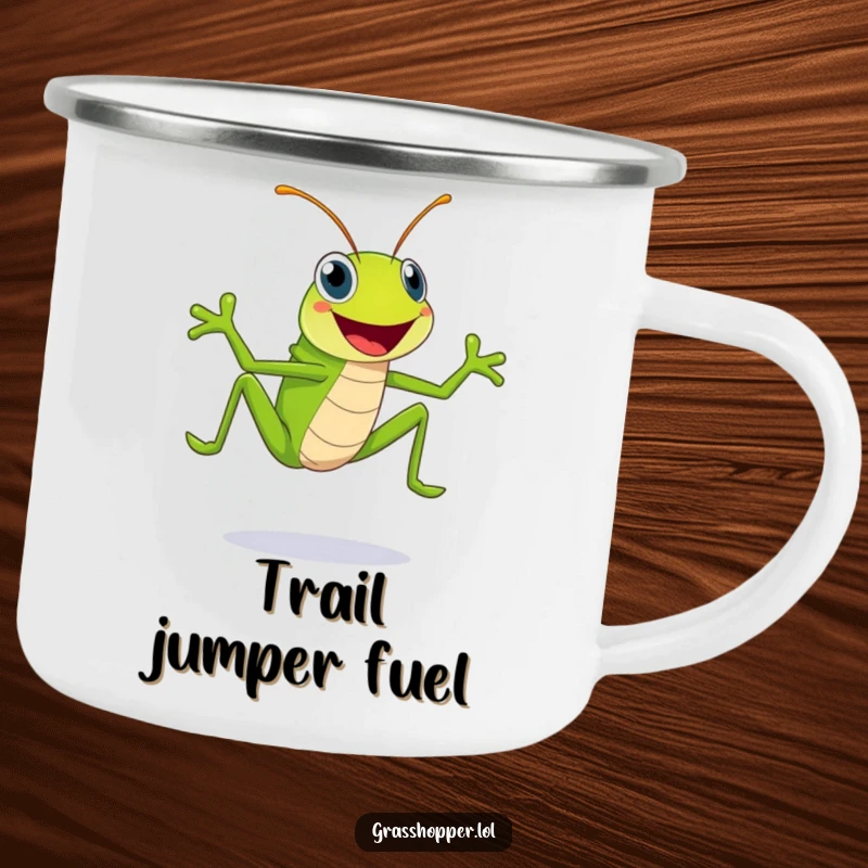 Funny bright green grasshopper with a beaming smile leaps joyfully on this durable and humorous camping mug.