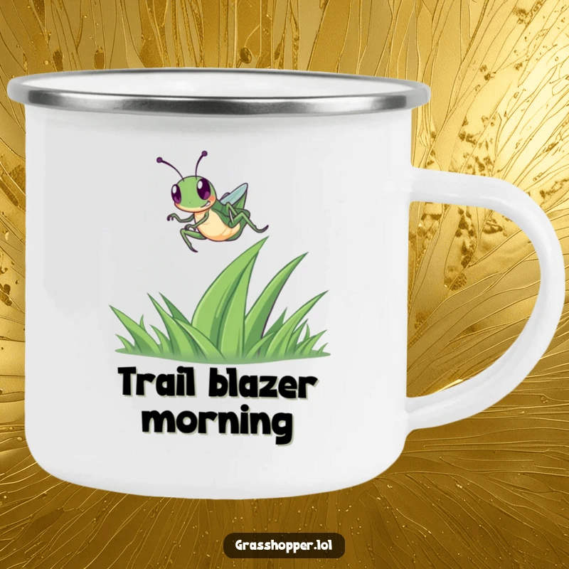 Funny Grasshopper Camping Mug with a happy grasshopper in mid-leap over a blade of grass, designed for nature lovers.