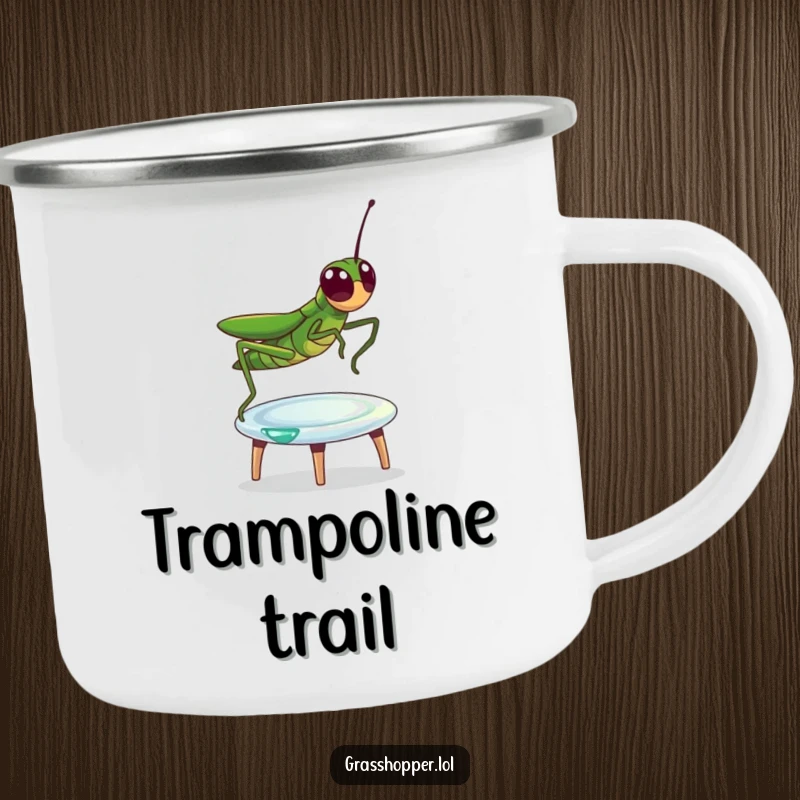 Funny Camping Mug with a grasshopper joyfully bouncing on a dewdrop trampoline, built for cheerful outdoor excursions.