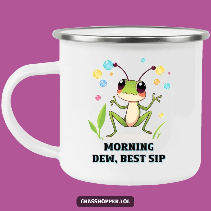 Funny Grasshopper Enamel Camping Mug: Juggling Dewdrops, Outdoor Humor Cup