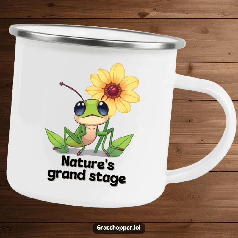 Funny grasshopper camping mug, eyes wide with wonder, looking up at a magnificent flower during a camping trip.