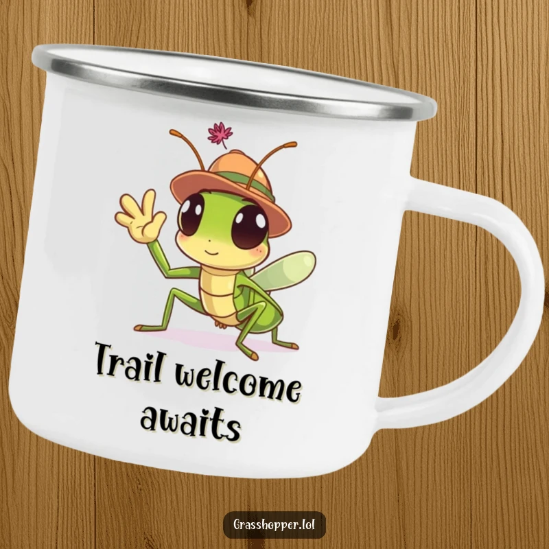 Funny Grasshopper Camping Mug with a hat-wearing insect waving, ideal for outdoor use and adding cheer.