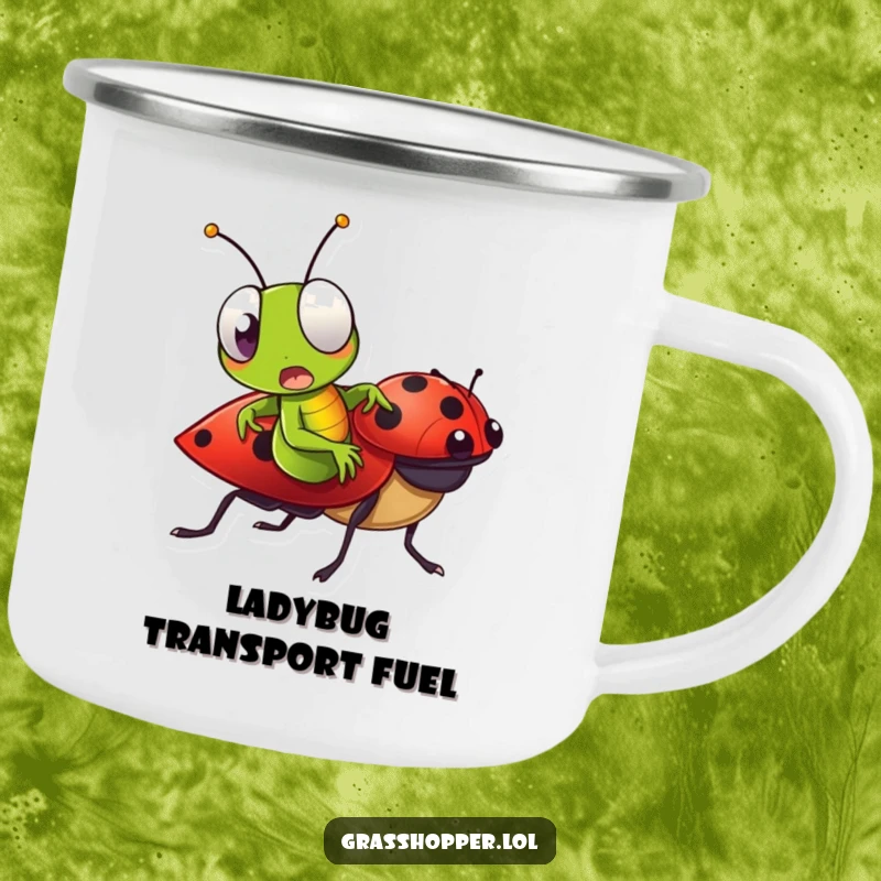 Funny Grasshopper Camping Mug depicting a grasshopper with a surprised face riding a ladybug, perfect for outdoor trips.