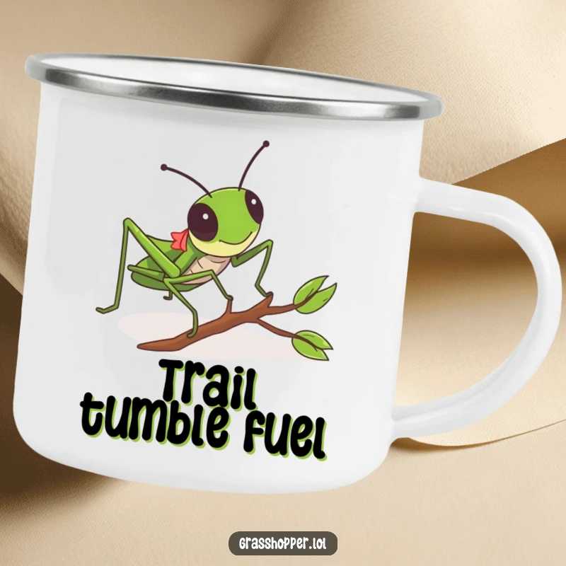 Funny Grasshopper Camping Mug depicting a grasshopper tripping over a twig, perfect for outdoor trips.