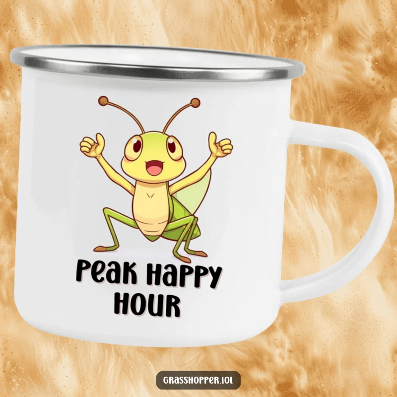 Funny Camping Mug with a grasshopper joyfully cheering with antennae high, symbolizing victory for outdoor celebrations.