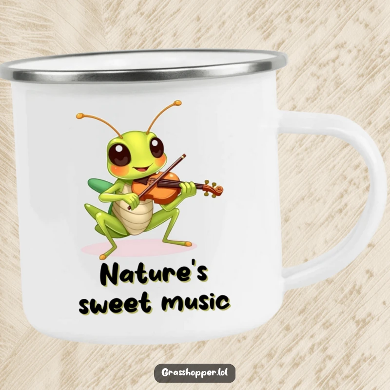 Funny grasshopper cheerfully playing a tiny violin on a rugged enamel camping mug.