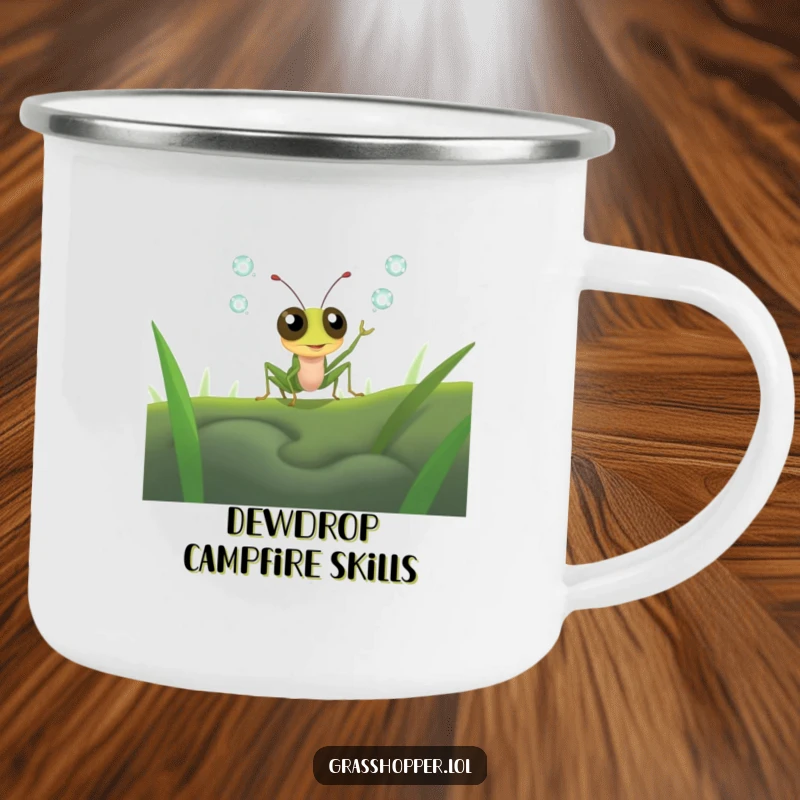 Funny grasshopper with wide eyes attempting to juggle shiny dewdrops on a durable camping mug, outdoor humor gift.