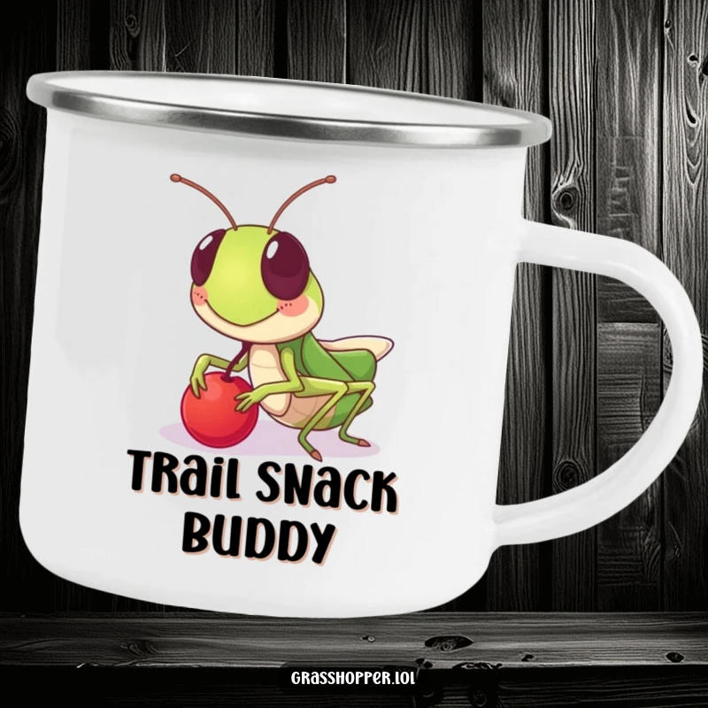 Funny grasshopper camping mug, sharing a berry with a friendly grin, durable for outdoor use, a funny gift.