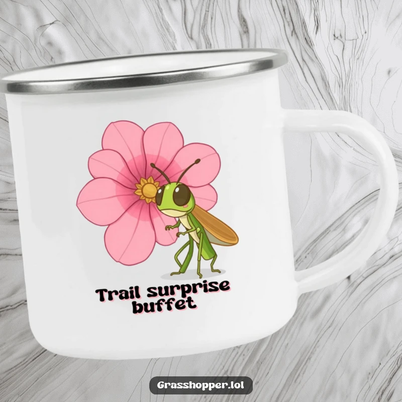 Funny grasshopper camping mug, showing surprise at a falling petal, durable for outdoor use, a funny gift.