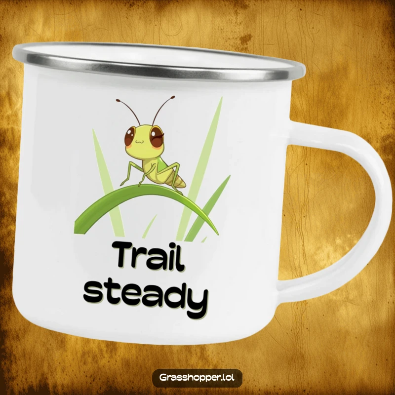 Funny Winking Grasshopper Camping Mug: A winking insect balancing, ready for funny campfire moments with cool style.