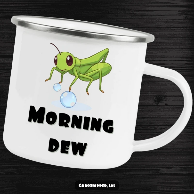 Funny Grasshopper Dewdrop Camping Mug: A happy insect playing with a dewdrop, ready for funny outdoor adventures.