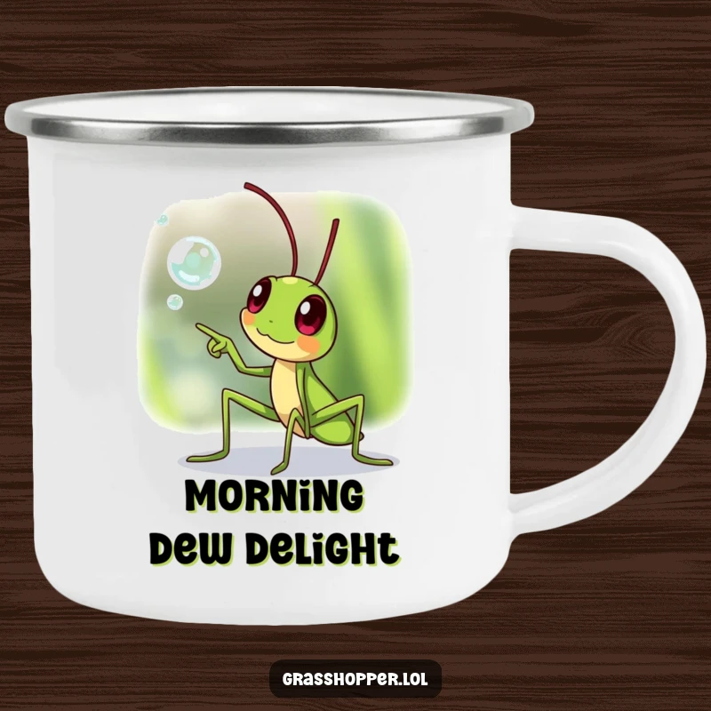 Funny grasshopper camping mug, pointing at a dewdrop, durable for outdoor use, a funny gift.