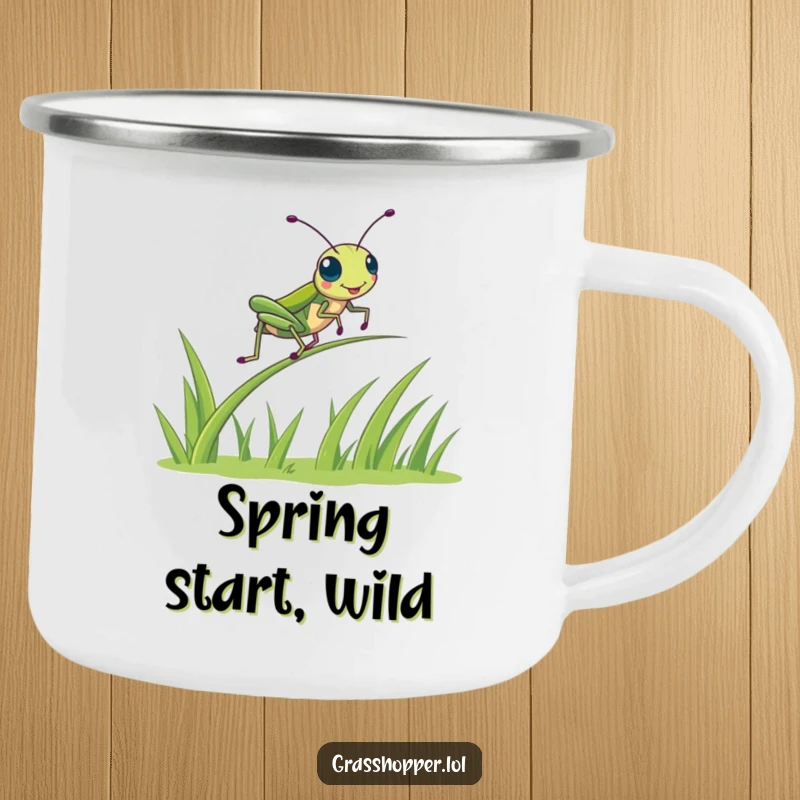 Funny kawaii grasshopper bouncing on a durable camping mug, perfect for outdoor adventures, rustic funny gift.