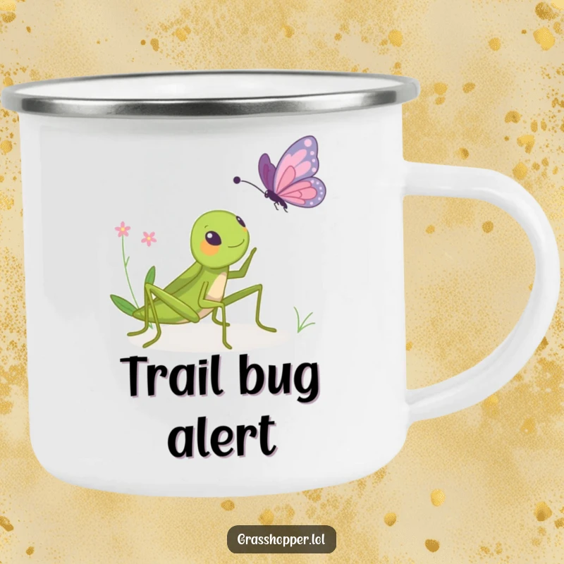 Funny camping mug featuring a grasshopper playfully bopping a butterfly, perfect for outdoor adventures and adding humor.
