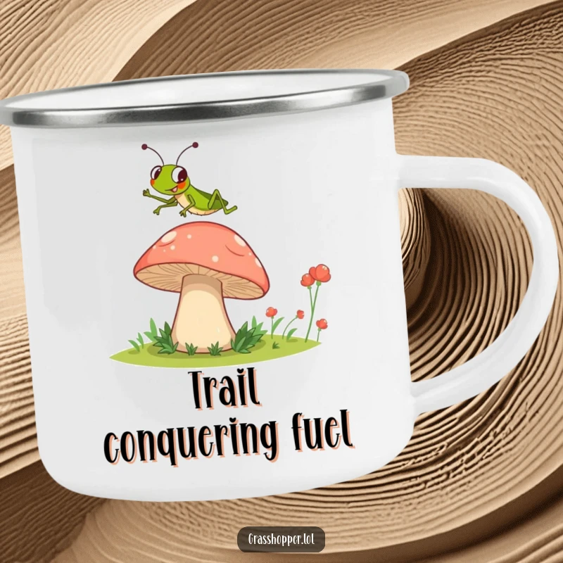 Funny Grasshopper Camping Mug depicting a grasshopper soaring over a massive mushroom, perfect for outdoor trips.