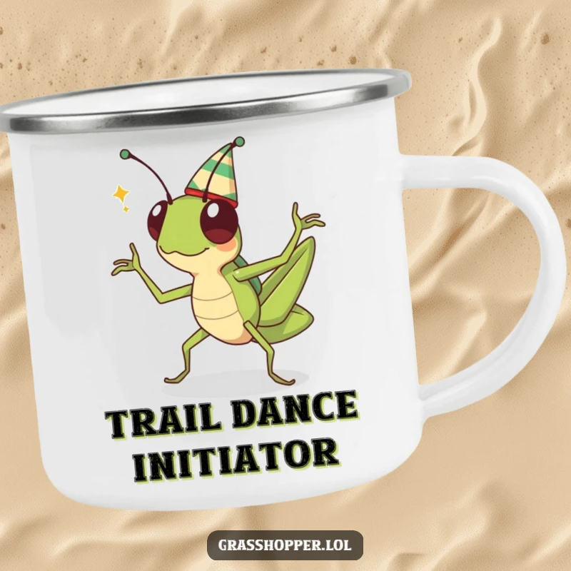 Funny kawaii grasshopper wearing a hat, doing a celebratory dance, holding a camping mug, ready for outdoor fun.